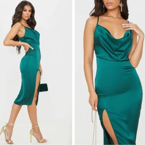 Pretty Little Thing Emerald Green Strappy Satin Cowl Neck Midi Dress - Picture 3 of 6